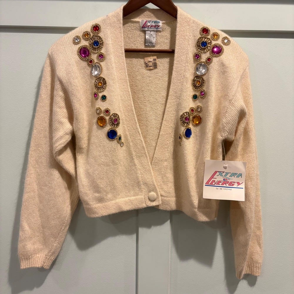Vintage Extra Energy Cardigan S Angora Silk Jeweled Rhinestone Glam NWT - Picture 2 of 12